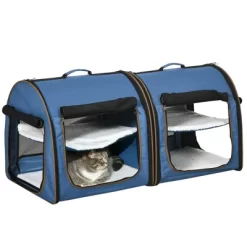 Gulches 39" Portable Soft-Sided Cat Carrier - Dual Compartment With Divider, Cushions & Storage Bag In Blue For Comfortable Travel