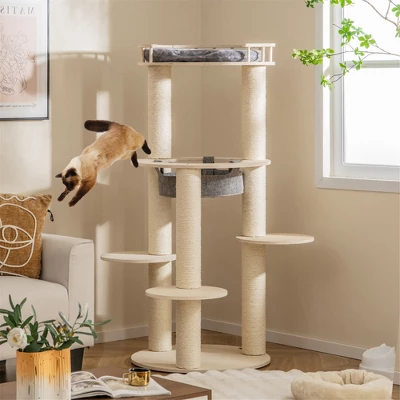 Tangkula 6-level Wooden Cat Tree W/ Padded Perch Non-woven Hammock Scratching Posts 2 Tangkula 6-level Wooden Cat Tree W/ Padded Perch Non-woven Hammock Scratching Posts - Image 2
