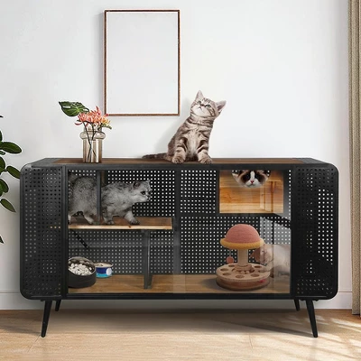 55 Inch Cat Litter Box Furniture, Metal Cat House With 2 Sliding Glass Doors, Media Console Table, Pet Kennel For Living Room Hallway Black 6 55 Inch Cat Litter Box Furniture, Metal Cat House With 2 Sliding Glass Doors, Media Console Table, Pet Kennel For Living Room Hallway Black - Image 6