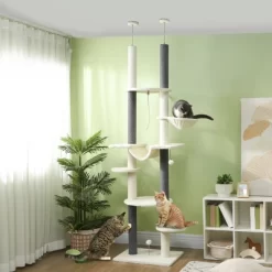 SKYONE Adjustable 88.6"-100.4" Floor-to-Ceiling Cat Tree With Hammock, Perches, Scratching Posts &