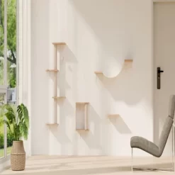 SEVOBAL Pet Tower Light Wall-Mounted Cat Climbing Set, 4-Piece Space-Saving Shelves With Scratching Posts For Indoor Cats, Beige, 13.7"*14.6"*9.5"