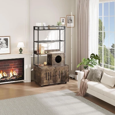 Acekool Metal Frame Cat Litter Box Enclosure With Storage Shelf And Play Features, Retro Brown 7 Acekool Metal Frame Cat Litter Box Enclosure With Storage Shelf And Play Features, Retro Brown - Image 7