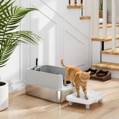 PawHut Extra Large Stainless Steel Cat Litter Box High Sided, Anti-Urine Leakage, Easy Cleaning, Non-Sticky, Never Absorbs Odors, Include Scoop & Pad