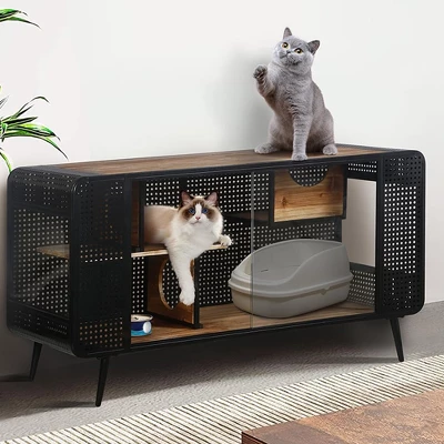 55 Inch Cat Litter Box Furniture, Metal Cat House With 2 Sliding Glass Doors, Media Console Table, Pet Kennel For Living Room Hallway Black 1 55 Inch Cat Litter Box Furniture, Metal Cat House With 2 Sliding Glass Doors, Media Console Table, Pet Kennel For Living Room Hallway Black