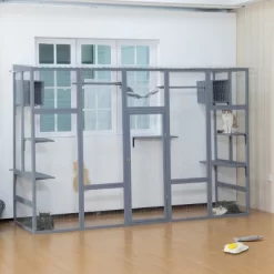 AZL1 Life Concept Pet Crates And Houses Large Outdoor Cat Enclosure With Window View Design Multi Level Activity Platforms, Gray, 100.78"*35.4"*72"