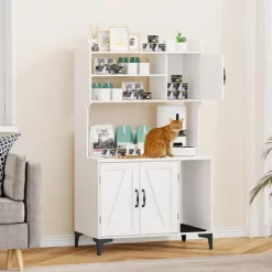 Large Cat Litter Box Enclosure Furniture - Farmhouse Style Pet House With 3 Open Shelves, Storage Cabinet & Scratch Pad - Modern Wood End Table -BlueBuffalo Sales Store GUEST 38ad3a28 4138 4921 9a8b cd6efb638e29 1