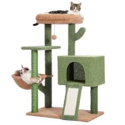 DOMETOUR 41"H Cactus Cat Tree Cat Tower, Cat Climbing Frame With Sisal Scratching Post, Cat Condo, Plush Perch, Hammock, Dangling Ball
