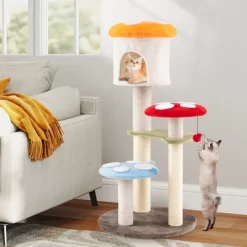Tangkula Cute Mushroom Cat Tree 48" Tall Cat Tower W/ Sisal Scratching Posts Top Condo