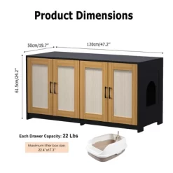 Double Cat Litter Box Enclosure For 2 Cats, 47.2" Large Wood Hidden Kitty Furniture With Sisal Doors