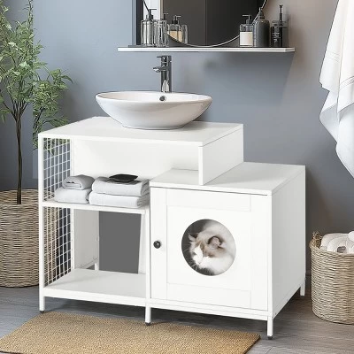 Cat Litter Box Enclosure For Bathroom, Hidden Litter Pet Washroom With Divider, Indoor Cat House For Large Cats-Cuddlewood 1 Cat Litter Box Enclosure For Bathroom, Hidden Litter Pet Washroom With Divider, Indoor Cat House For Large Cats-Cuddlewood