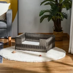 PawHut Rattan Pet Bed Raised Wicker Dog House Small Animal Sofa Indoor & Outdoor With Soft Washable Cushion Gray