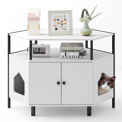 Tangkula Corner Cat Litter Box Enclosure End Table W/ Open Shelf 2 Entries Double Doors White 10 Tangkula Corner Cat Litter Box Enclosure End Table W/ Open Shelf 2 Entries Double Doors White - Image 10