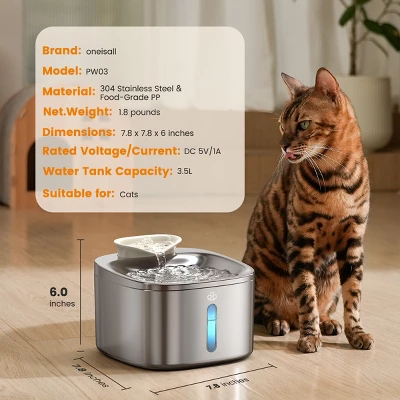 Oneisall PW03 Stainless Steel Cat Water Fountain – 3.5L/118oz, Quiet, Auto, W/11 Filters 7 Oneisall PW03 Stainless Steel Cat Water Fountain – 3.5L/118oz, Quiet, Auto, W/11 Filters - Image 7