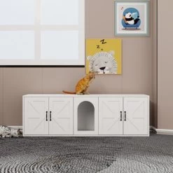 Chery Life White 59.05"L X 17.71"W X 18.89"H Modern Wooden Cat Box Furniture With Double Room, Giving Cats The Greatest Privacy Space -BlueBuffalo Sales Store GUEST 41fb6d49 11a8 4645 84e2 221437e100d6