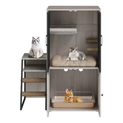 Double Cat Litter Box Fence With Ladder, Double Cat House With Storage Space, Enclosed Litter Box Furniture, Gray