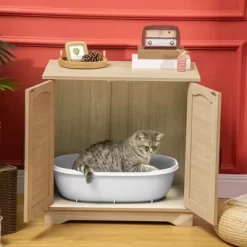 PawHut Hidden Litter Box Enclosure Cat Washroom Furniture With Cushion Double Doors Wooden Pet House End Table, Oak