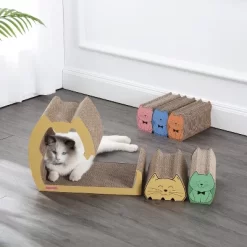 THE LICKER STORE Kazoku Modern Cardboard 5-in-1 Family Cat Cave Scratcher With Catnip And Pull-Out Design