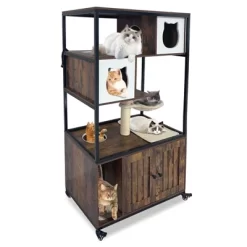 Litter Box Enclosure With Tree And Stainless Steel Litter Box, Wooden Cat House Cabinet On Wheels, Litter Furniture With Condo, Platforms