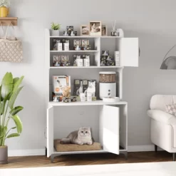 Large Cat Litter Box Enclosure Furniture - Farmhouse Style Pet House With 3 Open Shelves, Storage Cabinet - Modern Wood End Table For Bedroom -BlueBuffalo Sales Store GUEST 44c00776 d2f2 4bee a59e 246bf523272e