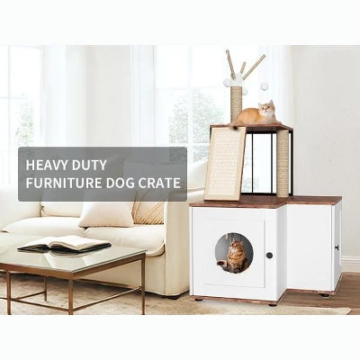 Modern 2-in-1 Cat Tree And Litter Box Enclosure With Odor-Resistant Surfaces, Multi-Level Tower, Durable Climbing Posts, Removable Pompom Sticks 3 Modern 2-in-1 Cat Tree And Litter Box Enclosure With Odor-Resistant Surfaces, Multi-Level Tower, Durable Climbing Posts, Removable Pompom Sticks - Image 3