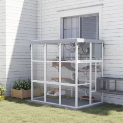 PawHut Outdoor Catio Cat Enclosure, Large Luxury Walk In Cat House With Hammock, Condo, Jump Platforms, Ladders, Ramps, Tarp, For 2-4 Cats, Gray, 71"