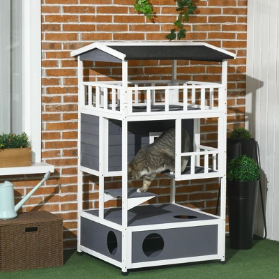 Akoasm Wooden Cat Shelter & House With Asphalt Roof, Escape Doors And Jumping Platform-Gray 2 Akoasm Wooden Cat Shelter & House With Asphalt Roof, Escape Doors And Jumping Platform-Gray - Image 2