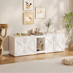 Dual Cat Litter Box Enclosure, Large Litter Box Cabinet For 2 Cats With Soft Cushion, Open Storage Shelf, Modern Wooden Enclosed Cat Box Furniture