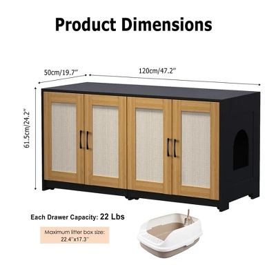 47 Inch Double Litter Box Enclosure - Wooden 2-Cat Hidden Cabinet With Pull-Out Drawers & 4 Sisal Doors, Cat House/TV Stand Sideboard 1 47 Inch Double Litter Box Enclosure - Wooden 2-Cat Hidden Cabinet With Pull-Out Drawers & 4 Sisal Doors, Cat House/TV Stand Sideboard