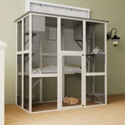 APRILSOUL70.90"Wooden Outdoor Catio Cat Enclosure With Weatherproof Asphalt Roof, Large Walk-in Cat House,Gray