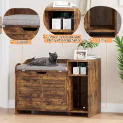 Cat Litter Box Enclosure With Top Opening & Cushion, Wooden Cat Washroom Furniture With Storage – 23" L X 19" W X 16" H, Grey