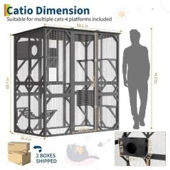 Acekool 70" Walk-In Wooden Outdoor Cat Enclosure With 4 Platforms, 2 Cat Houses, Hammock, Window Passage, 68" X 36.4" X 70"