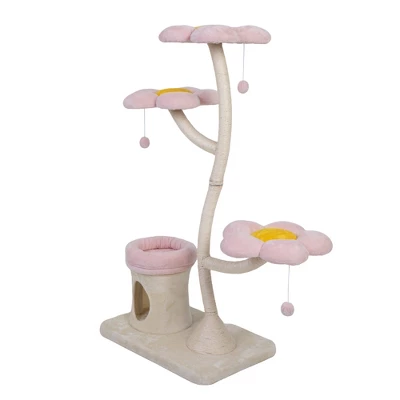 Flower-Shaped Cat Tree, With Blooming Platforms Bed, Condo, And Dangling Toys, Multi-Level Cat Tower For Indoor Cats, Modern, Pink & Beige 5 Flower-Shaped Cat Tree, With Blooming Platforms Bed, Condo, And Dangling Toys, Multi-Level Cat Tower For Indoor Cats, Modern, Pink & Beige - Image 5