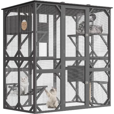 Acekool 70" Walk-In Wooden Outdoor Cat Enclosure With 4 Platforms, 2 Cat Houses, Hammock, Window Passage, 68" X 36.4" X 70" 7 Acekool 70" Walk-In Wooden Outdoor Cat Enclosure With 4 Platforms, 2 Cat Houses, Hammock, Window Passage, 68" X 36.4" X 70" - Image 7