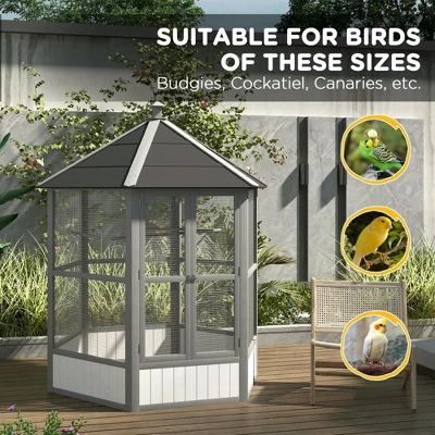 Resenkos Bird Cage, Bird Cages Habitat,69" Wooden Hexagonal Outdoor Aviary Flight Bird Cage With Covered Roof, Light Gray 6 Resenkos Bird Cage, Bird Cages Habitat,69" Wooden Hexagonal Outdoor Aviary Flight Bird Cage With Covered Roof, Light Gray - Image 6