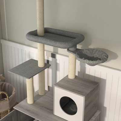 Chery Life Cat Tree With Litter Box Enclosure, 2 In 1 Floor To Ceiling Cat Tower With Condo, Bed, Hammock, Scratching Posts, And Platforms, Gray 4 Chery Life Cat Tree With Litter Box Enclosure, 2 In 1 Floor To Ceiling Cat Tower With Condo, Bed, Hammock, Scratching Posts, And Platforms, Gray - Image 4