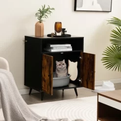 Tangkula Cat Litter Box Enclosure Hidden Cat Washroom Cabinet With Entry Open Compartment