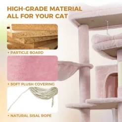68 Inches Cat Tree Tower Multi-Level Durable Cat Scratching Post Space Saving Cat Condo Pet Play House For Indoor Cats PINK