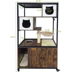 Cat Litter Box Enclosure, Hidden Litter Box Cabinet With Condo, Hammock, Scratching Mat & Post, Cat House With Storage Shelves & Wheels