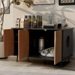 ELJGET Cat Litter Box, Hidden Kitty Litter Cat House With Hidden Plug, Indoor Cat Washroom Side Table Cat House, Large Wooden Enclused Litter Box