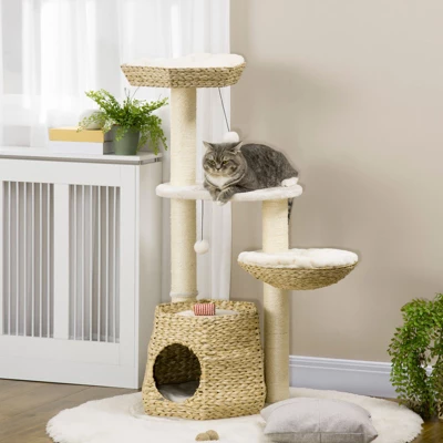 SEVOBAL Cat Tree Kitty Activity Center, Cat Climbing Toy With Cattail Fluff, Bed, Condo, Sisal Scratching Post, Natural, (19.8"*19.8"*46.8") 2 SEVOBAL Cat Tree Kitty Activity Center, Cat Climbing Toy With Cattail Fluff, Bed, Condo, Sisal Scratching Post, Natural, (19.8"*19.8"*46.8") - Image 2