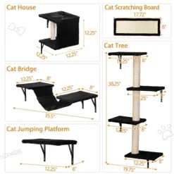 FURNIinspire Pet Tower Cat Wall Shelves, Wall Mounted Cat Climber Set Of 5, Floating Cat Perches, Cat Furniture, Black, 19.75"*8"*38.25"