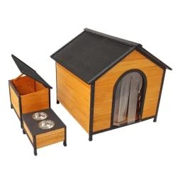 GDFStudio Bertha Modern 55" Metal And Solid Wood Dog House With Bowl And Door Curtain -BlueBuffalo Sales Store GUEST 56b3a516 ade8 43c0 8e7c eceac85d981a