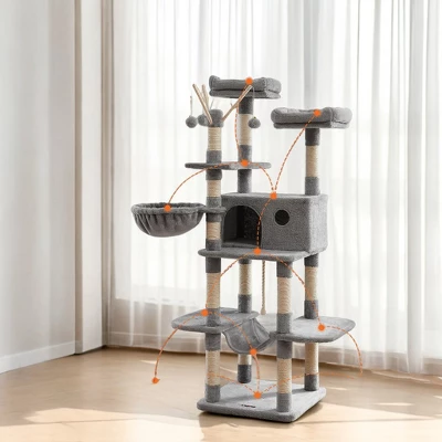 64.6 Inches Large Cat Tree Tower, Tall Cat Activity Center With Hammock, Basket, And Removable Fur Ball Sticks, Cat Condo Cat Houses For Indoor Cats 2 64.6 Inches Large Cat Tree Tower, Tall Cat Activity Center With Hammock, Basket, And Removable Fur Ball Sticks, Cat Condo Cat Houses For Indoor Cats - Image 2