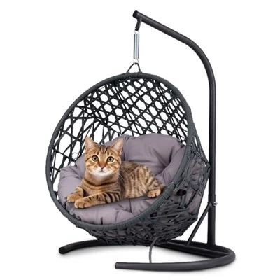 FURNIinspire Pet Beds Cat Swing Bed With Stand, Cushion, Rattan Wicker Cat Egg Chair, Indoor Cooling Pet Bed Dog Bed, Gray, 19.3"*19.3"*28.7" 1 FURNIinspire Pet Beds Cat Swing Bed With Stand, Cushion, Rattan Wicker Cat Egg Chair, Indoor Cooling Pet Bed Dog Bed, Gray, 19.3"*19.3"*28.7"