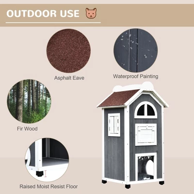 SKYONE 43"H Weatherproof 3-Floor Feral Cat Shelter: Fir Wood Outdoor/Indoor House With Hammock, 3 SKYONE 43"H Weatherproof 3-Floor Feral Cat Shelter: Fir Wood Outdoor/Indoor House With Hammock, - Image 3