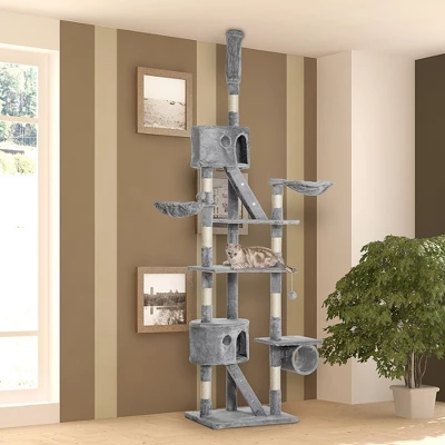 PawHut Floor To Ceiling Cat Tree, 94.5"-102.5" Height Adjustable Cat Climbing Tower with Scratching Posts, Condos, Hammocks, Platforms, Dangling Balls 1 PawHut Floor To Ceiling Cat Tree, 94.5"-102.5" Height Adjustable Cat Climbing Tower with Scratching Posts, Condos, Hammocks, Platforms, Dangling Balls