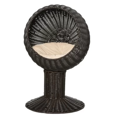 PawHut 27" Hooded Wicker Elevated Cat Bed Rattan Kitten Condo Round With Cushion 6 PawHut 27" Hooded Wicker Elevated Cat Bed Rattan Kitten Condo Round With Cushion - Image 6