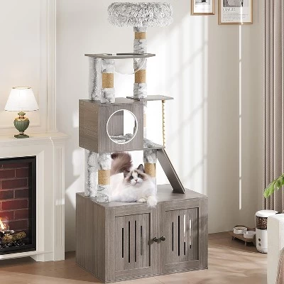 2-in-1 Cat Tower With Multiple Platforms, 66.9in Tall Hidden Washroom Litter Box Enclosure With Cat Tree, Wooden Cat Condo With Scratching Post, Gray 7 2-in-1 Cat Tower With Multiple Platforms, 66.9in Tall Hidden Washroom Litter Box Enclosure With Cat Tree, Wooden Cat Condo With Scratching Post, Gray - Image 7