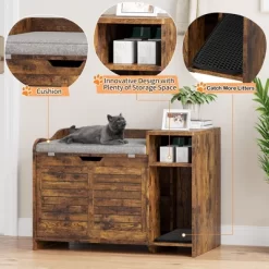 Cat Litter Box Enclosure Furniture With Entryway Bench, Hidden Litter Box With Scratch Pad, Wooden Indoor Cats Washroom, Farmhouse Cat House