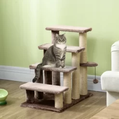 PawHut 4 Levels Cat Steps, Pet Stairs Carpeted Ladder, Kitten Tree Climber With Scratching Posts, Hanging Play Ball, Side Step, Brown